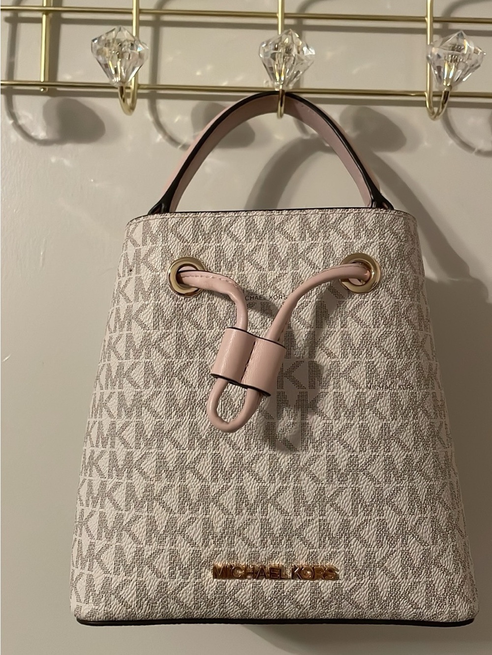 Michael Kors Beige & Pale Pink Mini Drawstring Bucket Bag